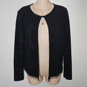 MSK Black Sparkle Cardigan Beaded Fringe Open Front